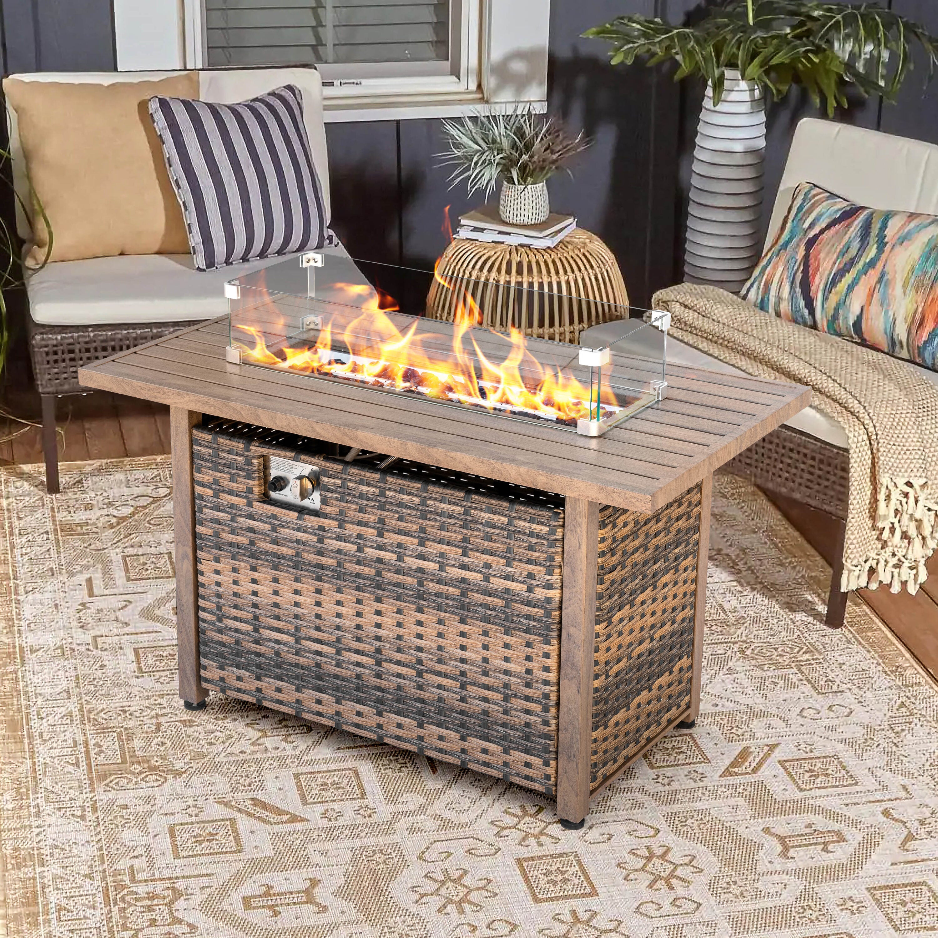 Nuu Garden Fire Pit Table 43-In W 50000 Maximum Btus Iron Rectangle Liquid Propane Fire Pit Table